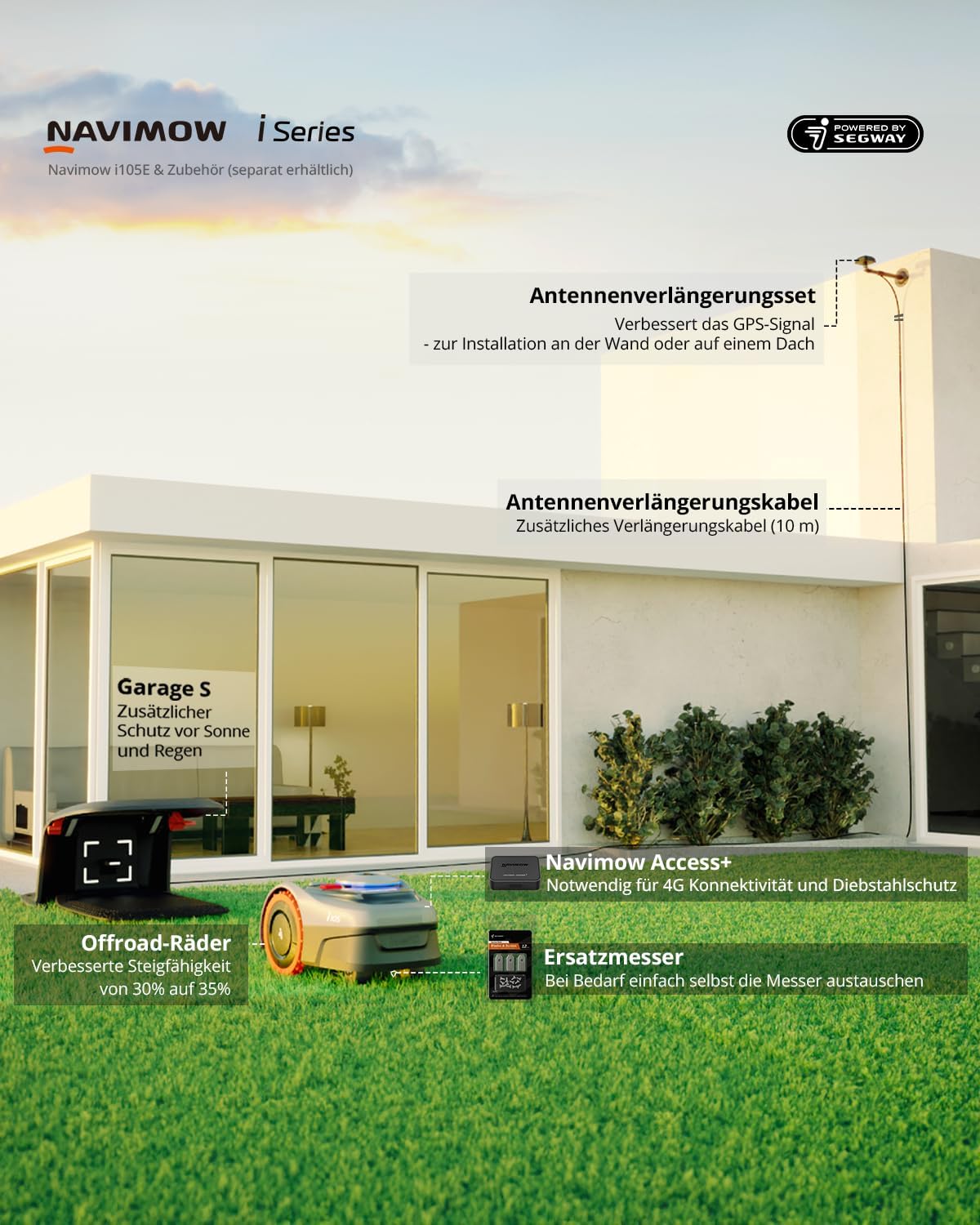 Navimow i105E Robotic Lawnmower without Boundary Cable, Reception 500 m², Max. 600 m², RTK+Vision Lawn Mower Robot Test Winner, Hedgehog Protection Lawn Robot, AI Car Mapping