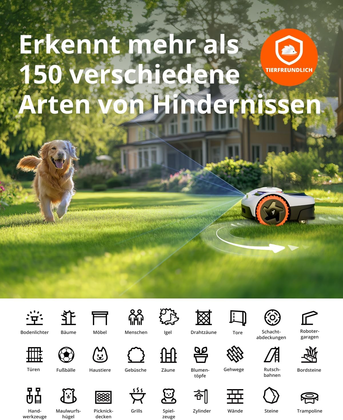 Navimow i105E Robotic Lawnmower without Boundary Cable, Reception 500 m², Max. 600 m², RTK+Vision Lawn Mower Robot Test Winner, Hedgehog Protection Lawn Robot, AI Car Mapping