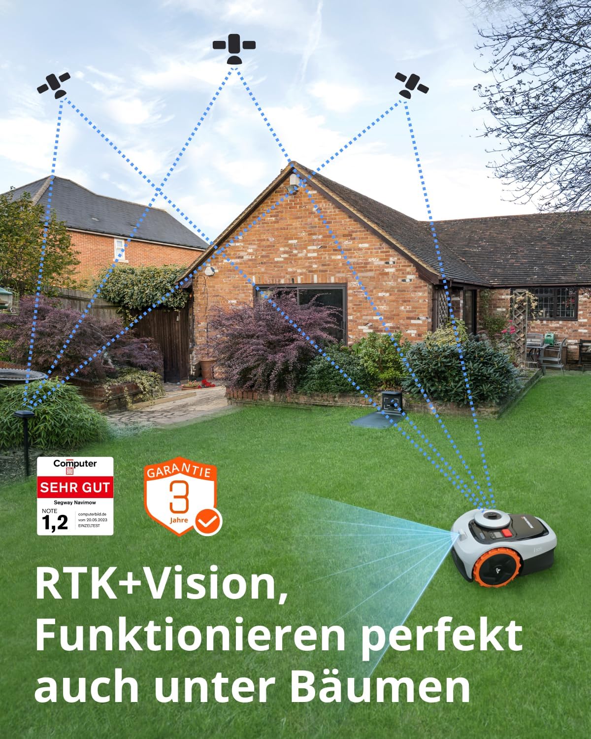 Navimow i105E Robotic Lawnmower without Boundary Cable, Reception 500 m², Max. 600 m², RTK+Vision Lawn Mower Robot Test Winner, Hedgehog Protection Lawn Robot, AI Car Mapping