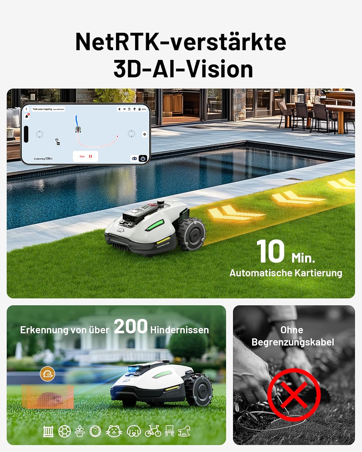 MAMMOTION YUKA Mini 500 Robotic Lawnmower without Boundary Cable, Reception 500 m², NetRTK+Vision Lawn Mower Robot, AI Smart Obstacle Avoidance Lawn Robot, App Control with 4G Module, 50% Incline