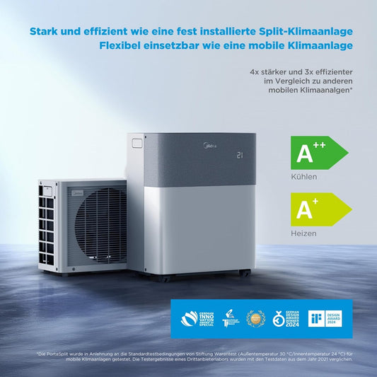 Midea Portasplit Air Conditioning, Mobile Heat Pump, Cooling A++/Heating A+, 12000 BTU 3.5 kW, for Rooms up to 42 m² / 105 m³, Only 39 dB(A) in Silent Mode