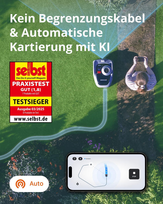 Navimow i105E Robotic Lawnmower without Boundary Cable, Reception 500 m², Max. 600 m², RTK+Vision Lawn Mower Robot Test Winner, Hedgehog Protection Lawn Robot, AI Car Mapping