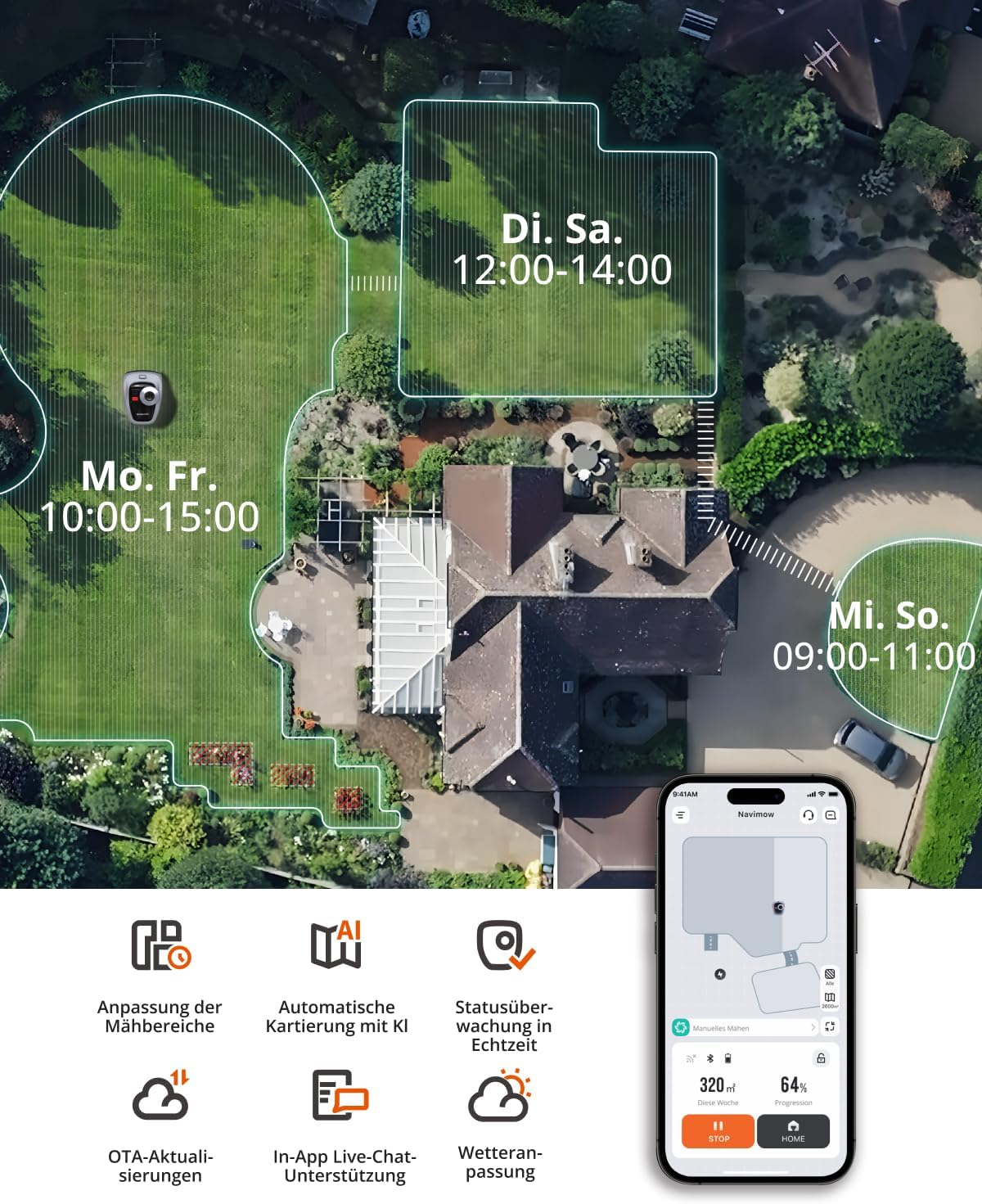 Navimow i105E Robotic Lawnmower without Boundary Cable, Reception 500 m², Max. 600 m², RTK+Vision Lawn Mower Robot Test Winner, Hedgehog Protection Lawn Robot, AI Car Mapping